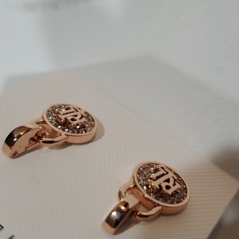 Lauren Ralph Lauren RLL logo monogram lock Rhinestone cz stud earrings new